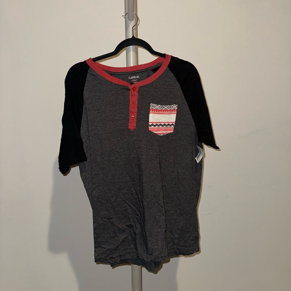 Gray and Black Raglan Henley Shirt with Red Accents